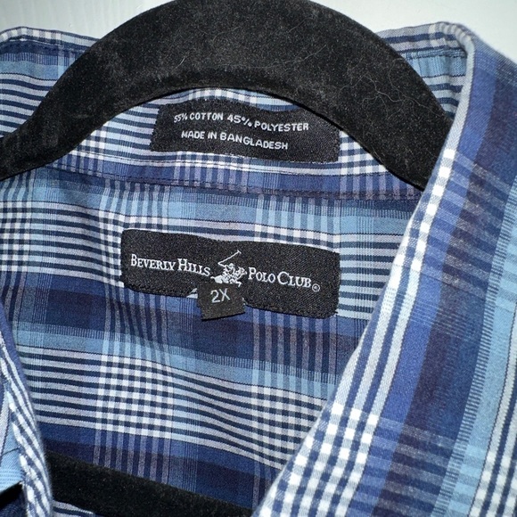 Beverly Hills Polo Club 2X Men's Shirt Button Up Long Sleeve Gray Teal Plaid - Picture 2 of 6